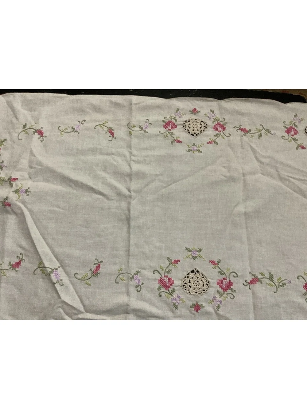 Vintage Embroidered Linen Table Runner with Heart Cutwork 53 1/2” x 15”